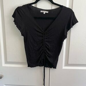 5 for $25! Anistar Black Flutter Sleeve Ruched Crop Blouse
